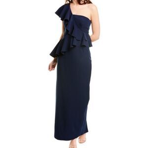 Trina Turk WATERFALL One Shoulder Gown Dress Navy Sz 12 NWT